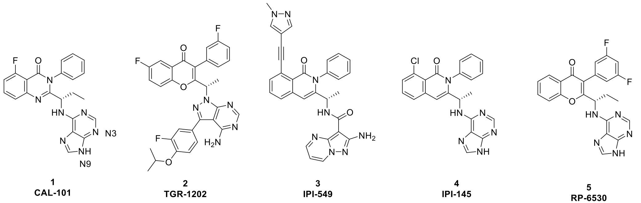 PI3Kγ与PI3Kδ抑制剂的化学结构