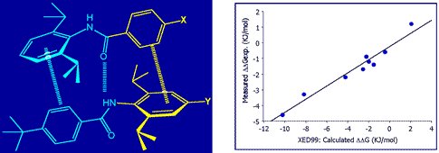 二芳基酰胺二聚体(左)与实验观测到的结合常数