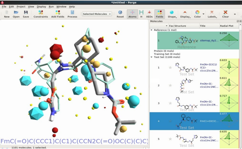 Ignite筛选到的苗头化合物与模板的3D结合，用Cresset的分子模拟软件包Flare进行可视化分析