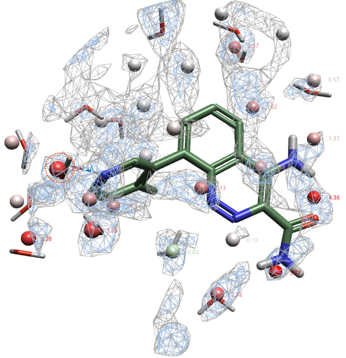 化合物8（PDB 4ZLZ）周围4Å预测的水合位点及其及其自由能