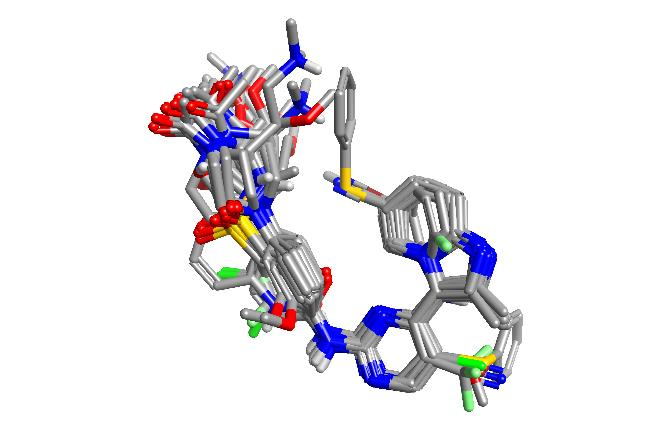 38个CDK2抑制剂叠合到 PDB 1OIT的共晶配体以及CHEMBL70808上