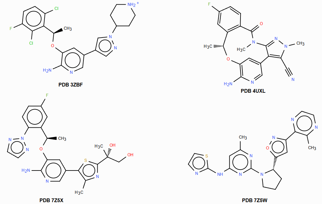 四个已知ROS1抑制剂及其与ROS1共晶结构的PDB代码