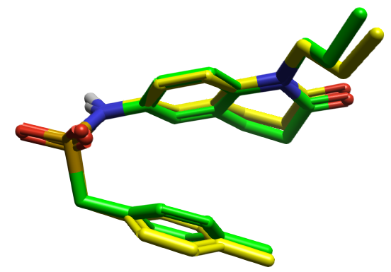 A1O生物活性构象（黄色）与Flare 生成构象（绿色）的比较