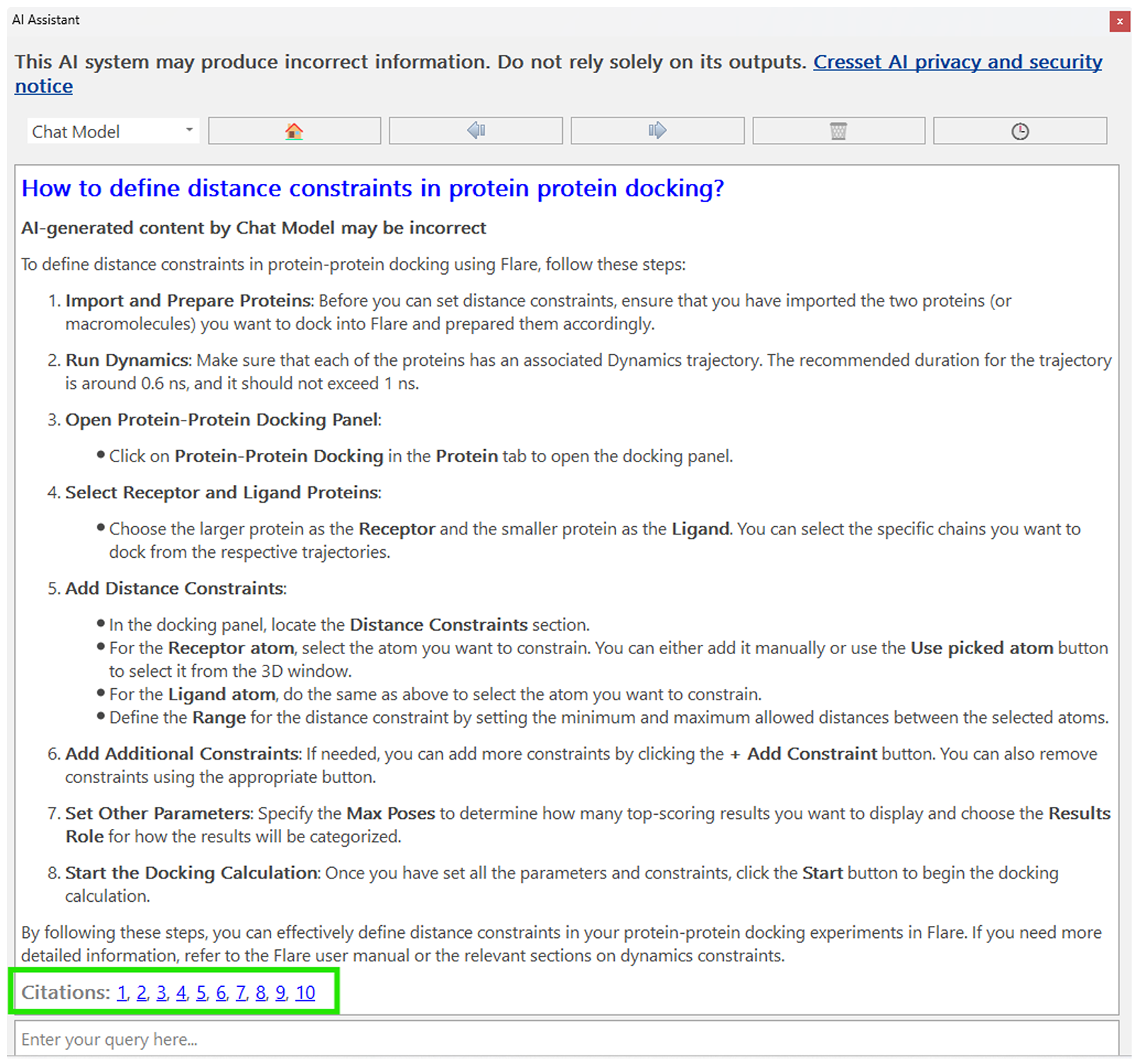 在 Flare 中与 AI 助手的聊天模型交互:用户可查询 Flare 功能,获取引用(顶部)并查阅 Flare 文档