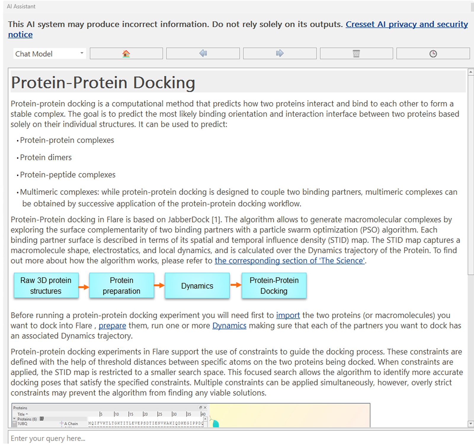 在 Flare 中与 AI 助手的聊天模型交互:用户可查询 Flare 功能,获取引用(顶部)并查阅 Flare 文档