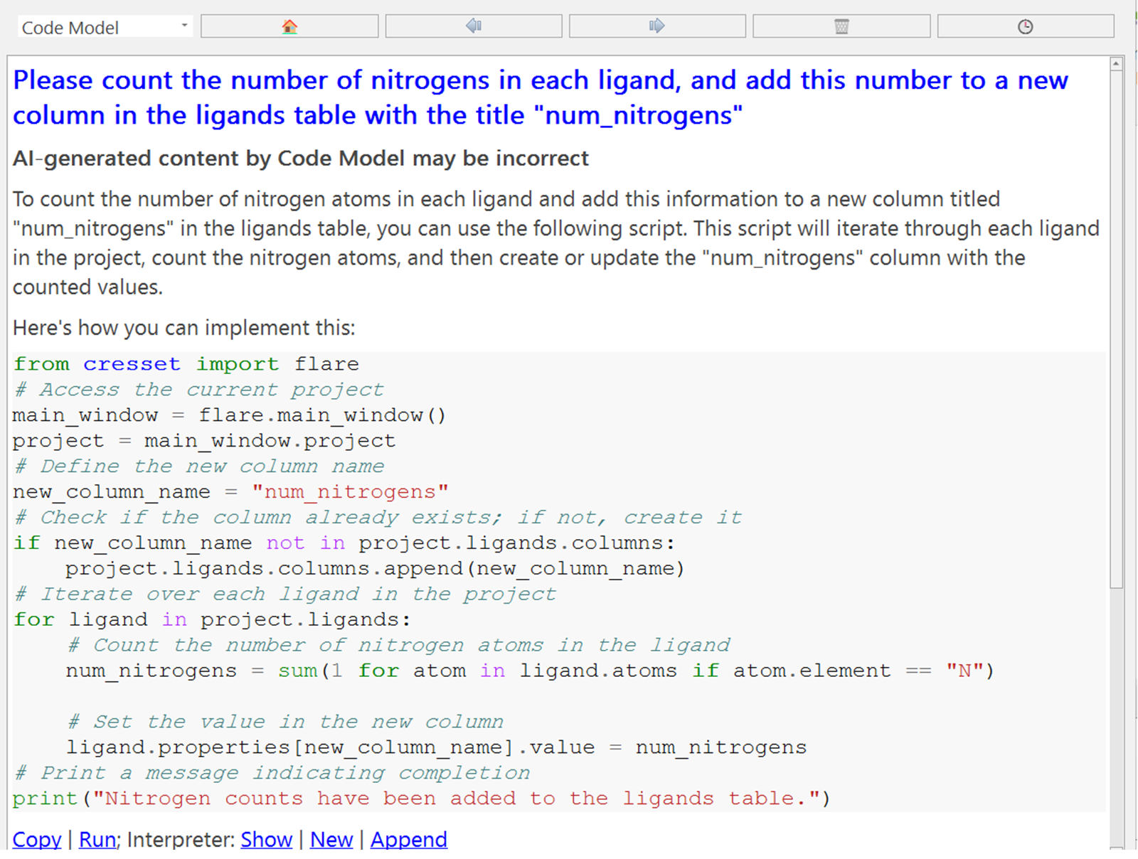 初始查询及 AI 助手对配体氮原子计数的响应