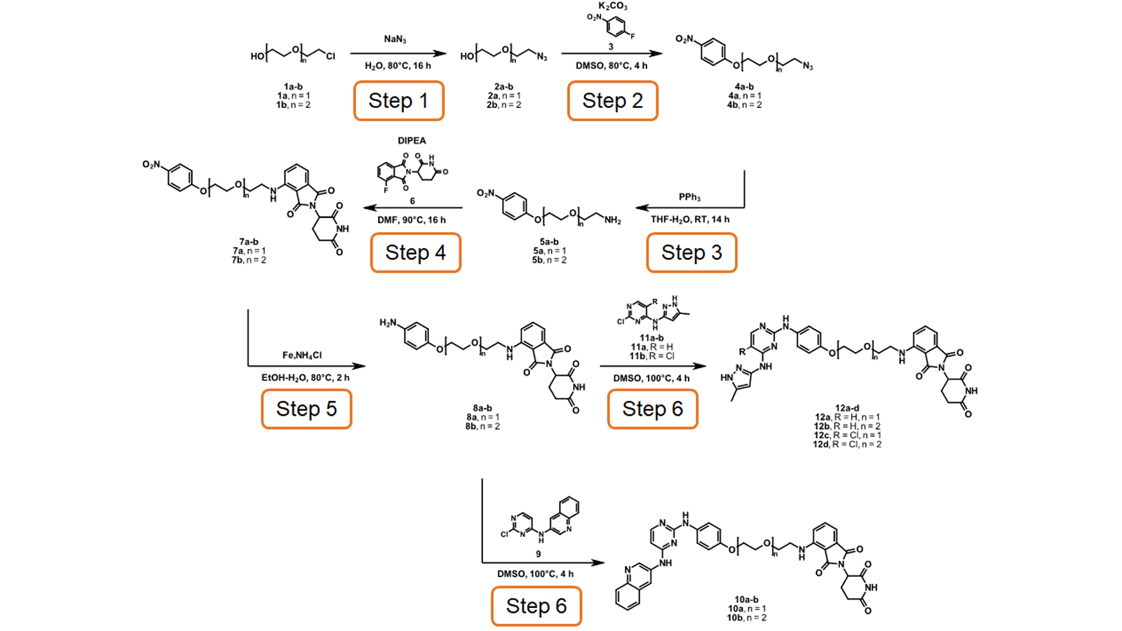 降解剂 10a–b 和 12a–d 的合成路线