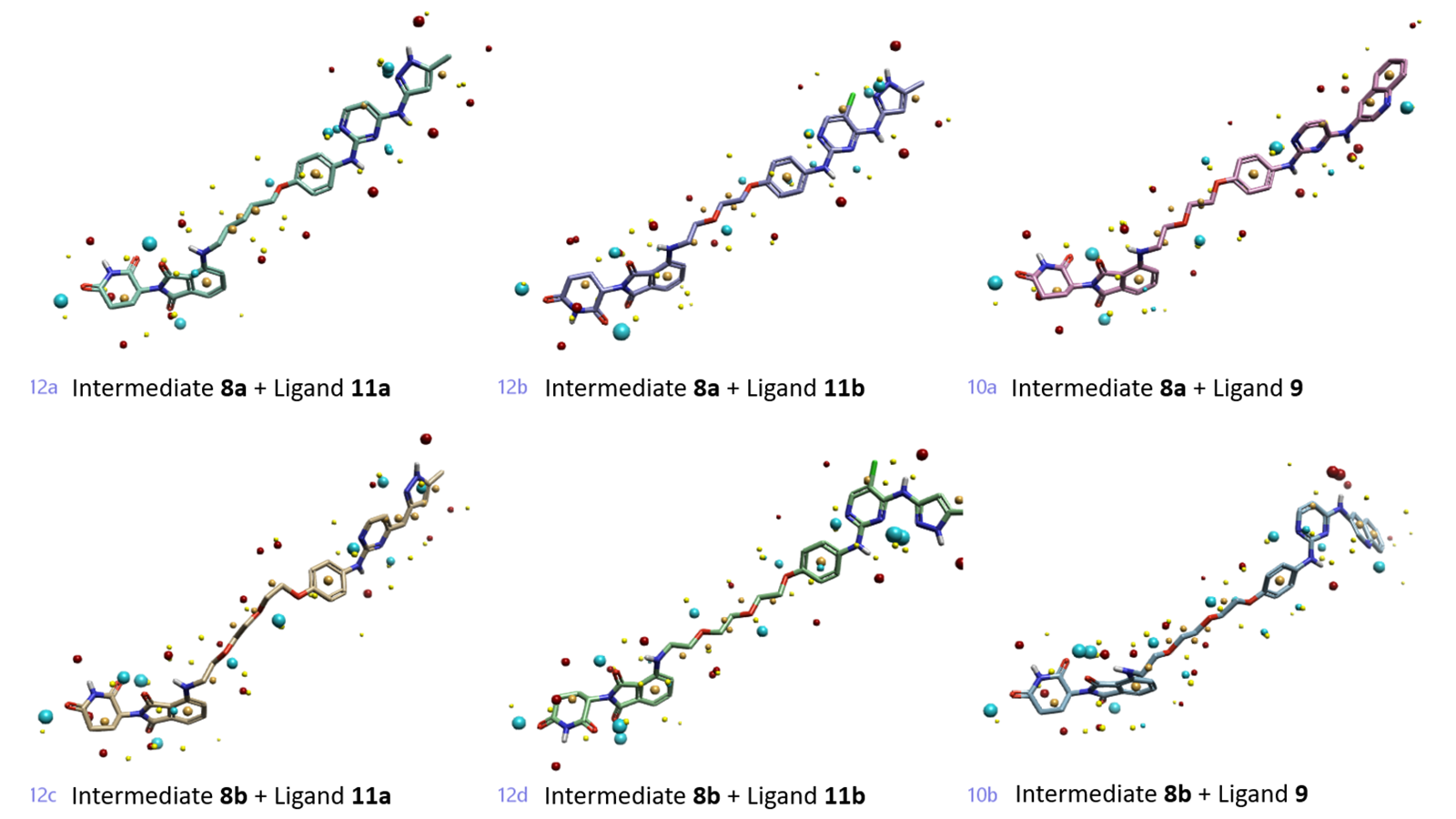 六个最终降解剂的三维结构及其场点