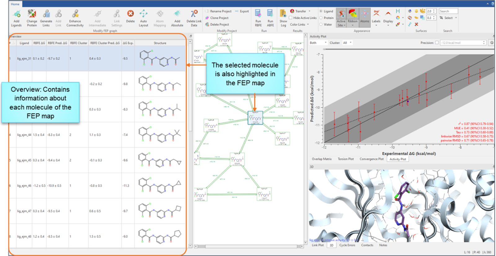 FEP 结果概览标签页可与 FEP 图谱及 3D 视图交互